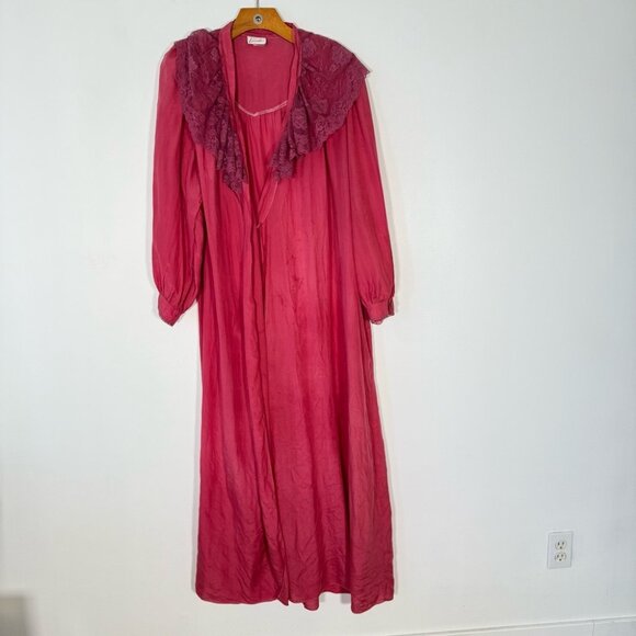 Vintage 100% Silk Robe With Lace, Maxi Length, Pink, Boho S